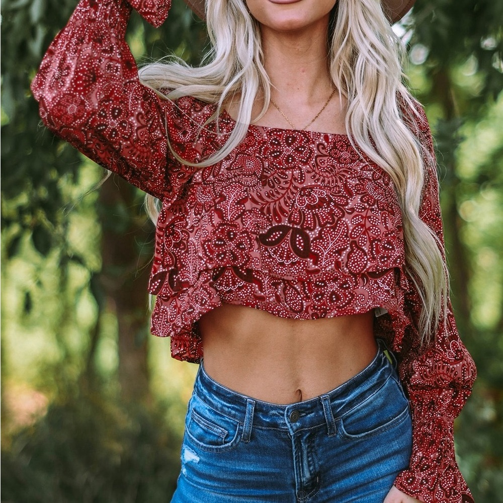 Square Neck Floral Bandana Crop Blouse Bohemian Top - Picture 5 of 15